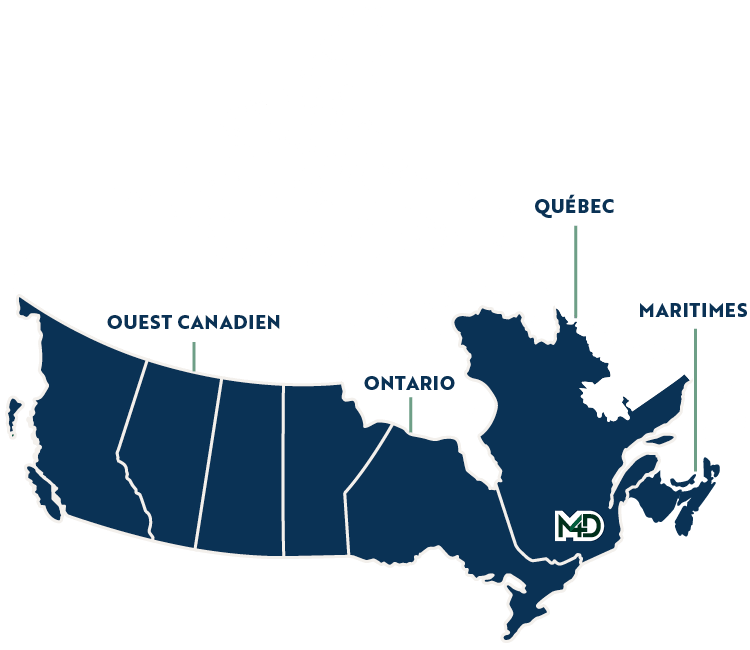 Carte géographique du Canada démontrant les différentes provinces desservies par Moulures 4D.